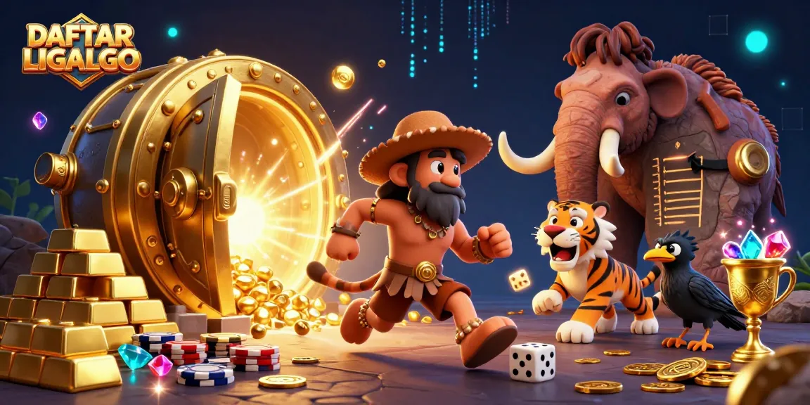 Engage with DAFTAR LIGALGO at the captivating prehistoric casino scene, showcasing excitement with poker chips and dynamic gold elements.