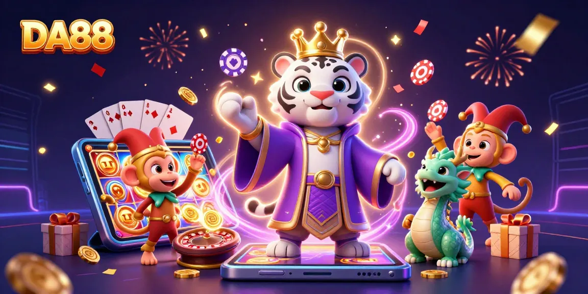 Experience DA88 excitement with a lively casino scene featuring a playful monkey, royal tiger, and dynamic gaming elements.