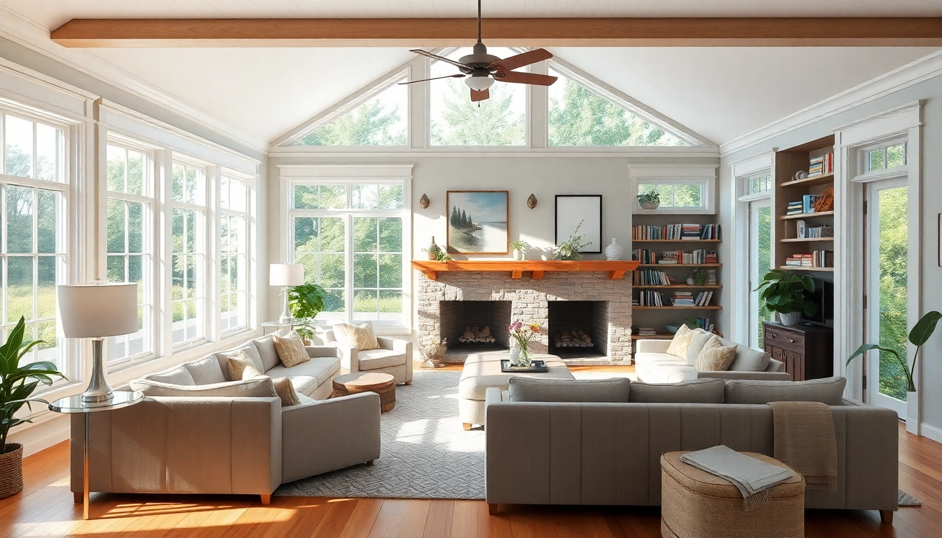 An elegant cape cod home living room featuring spacious windows and cozy seating.