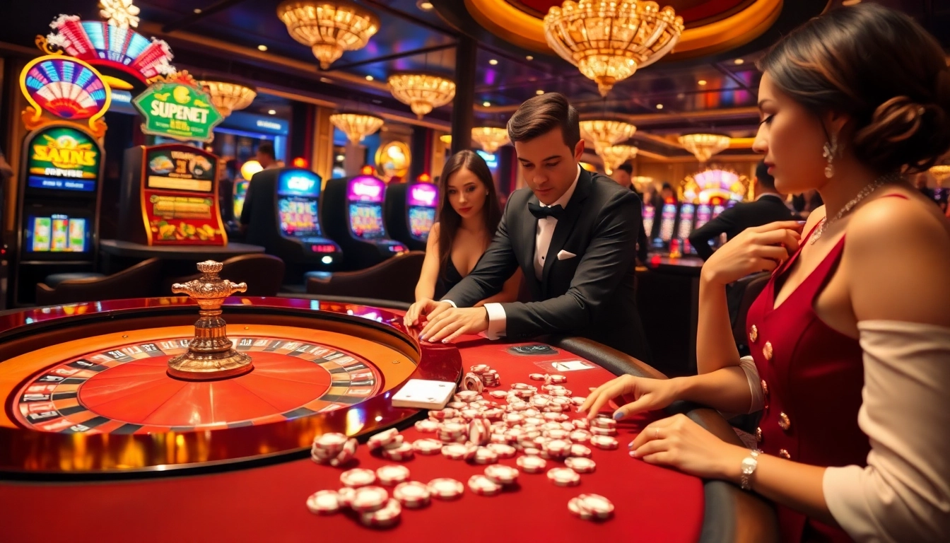 Engaging poker action at rr88 com casino, featuring vibrant slot machines and roulette tables.