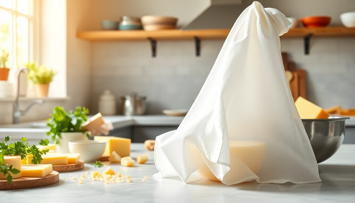 Kaasdoek in gebruik voor het uitlekken van kaas en vloeistoffen in een professionele keuken.