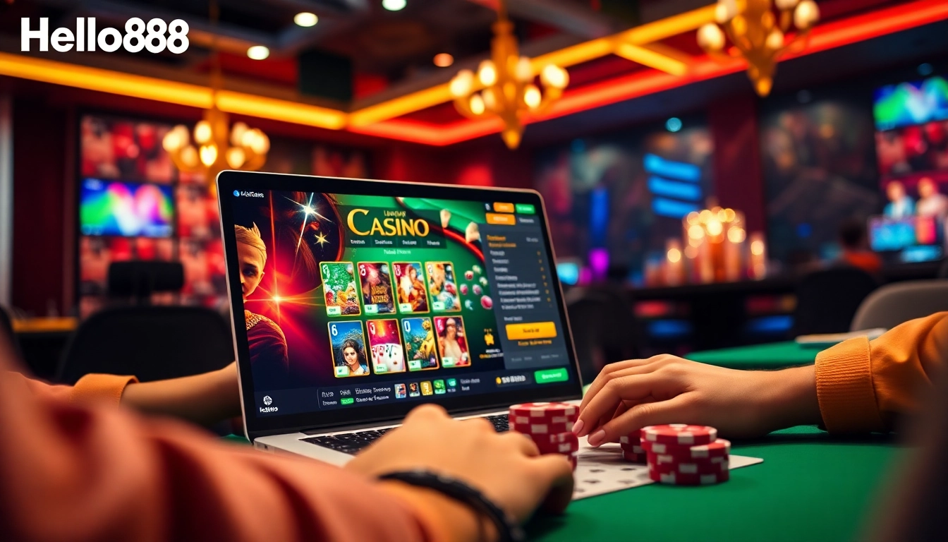 Hello88 online gaming atmosphere with a laptop, poker chips, and vibrant graphics.