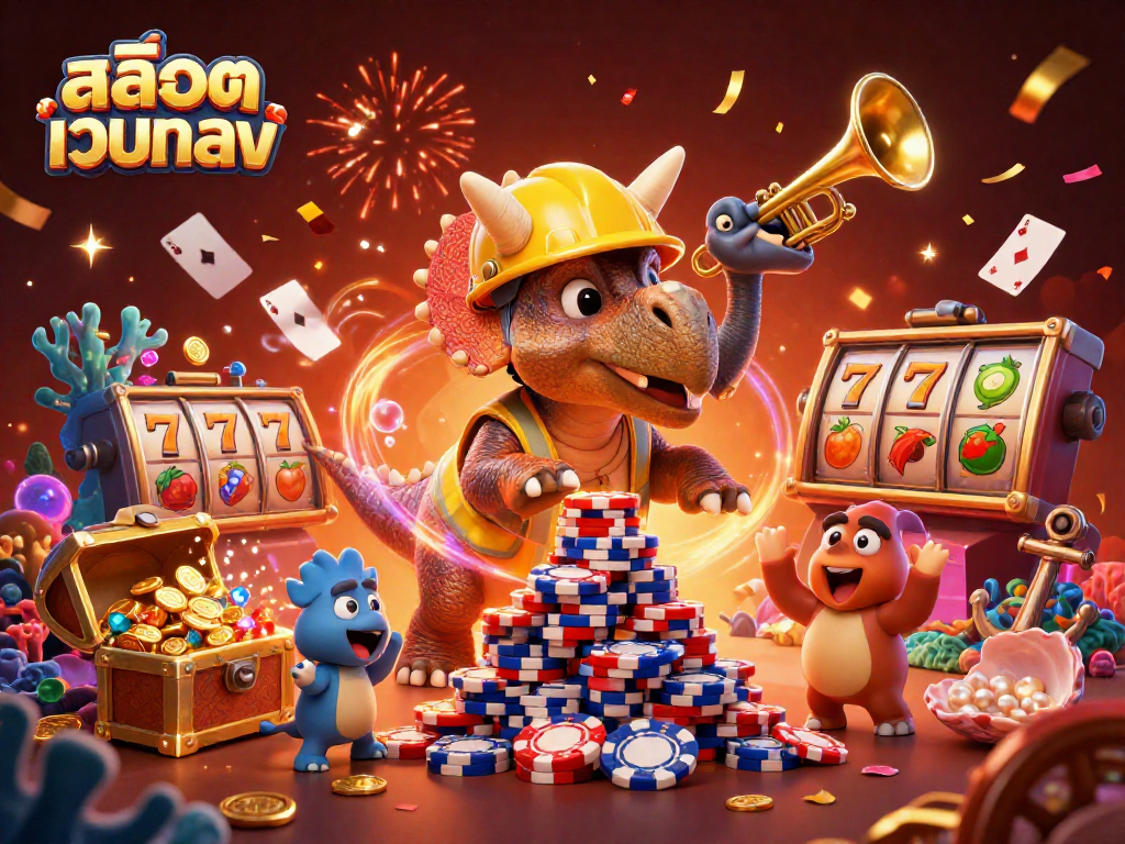 Engage in thrilling adventures at สล็อตเว็บตรง with a vibrant 3D casino scene featuring slot reels and animated characters.