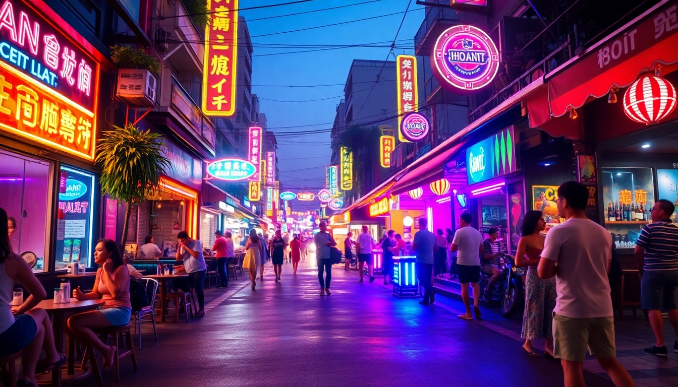 Engaging scene of 다낭밤문화 showcasing vibrant nightlife with neon lights and lively entertainment.
