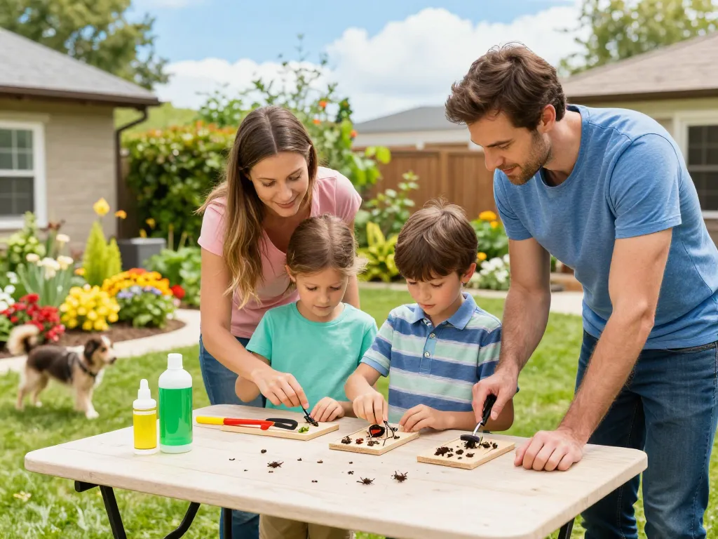 Pest control guide for families managing pests with kids in a sunny garden, showing tools and educational moments.
