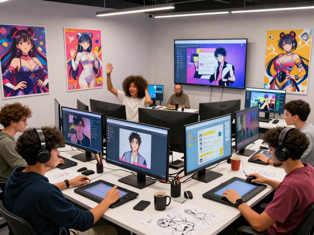 Creative team using hentai ai chat in a vibrant digital art studio