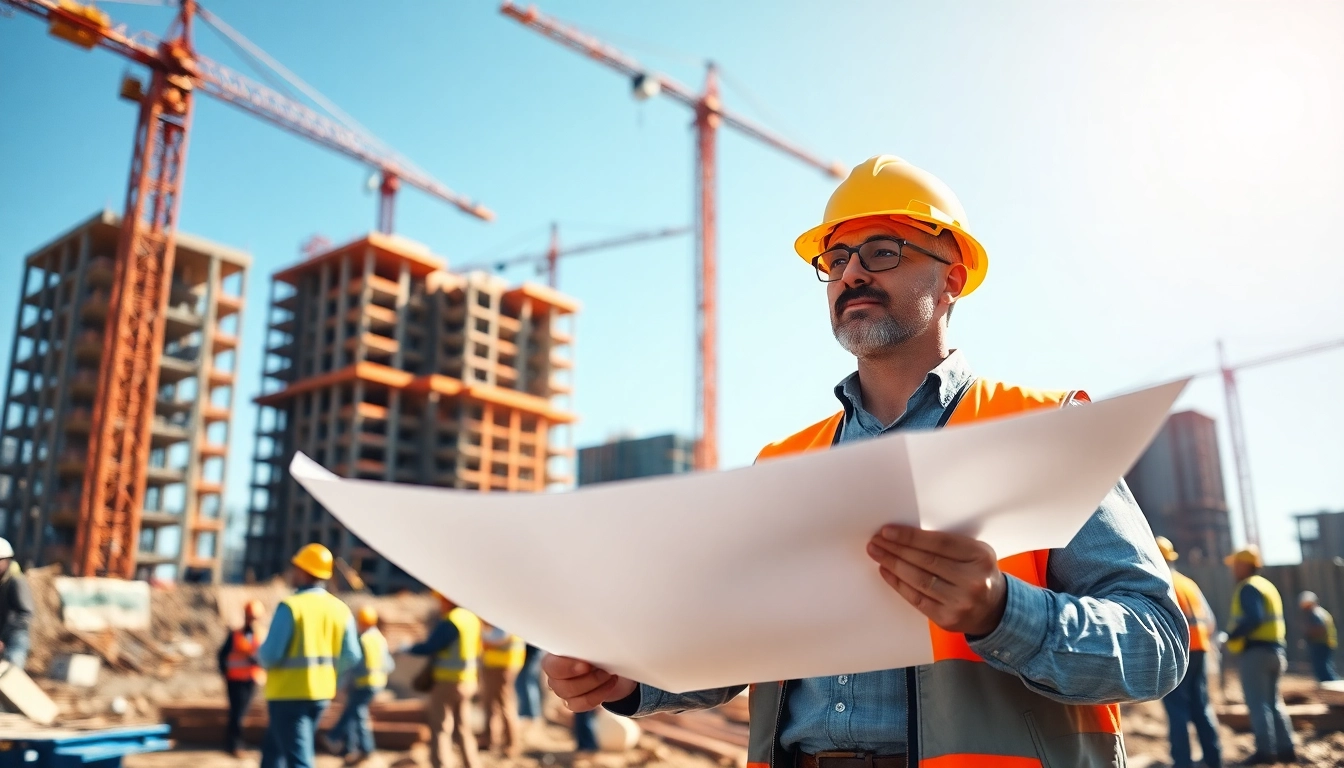 Construction site featuring a New Jersey Construction Manager overseeing a project amidst workers engaged in construction.