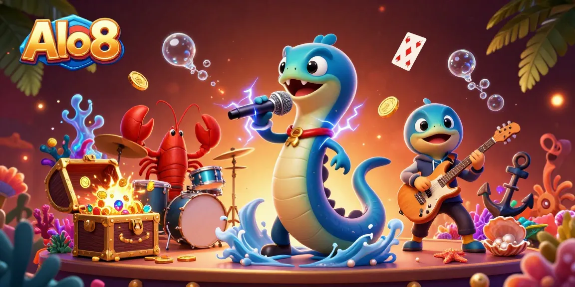 Immerse yourself in Alo8's vibrant underwater casino scene featuring dancing characters and treasure.