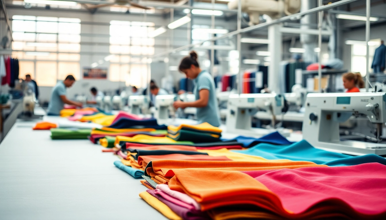 Workers engaged in manufacturing clothing in China, showcasing vibrant fabrics and a productive atmosphere.