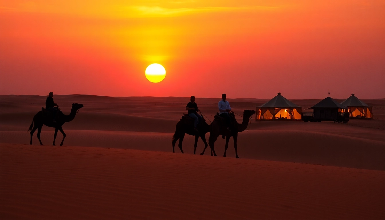 Agafay desert camel ride and dinner with a show during sunset, capturing the Moroccan adventure experience.