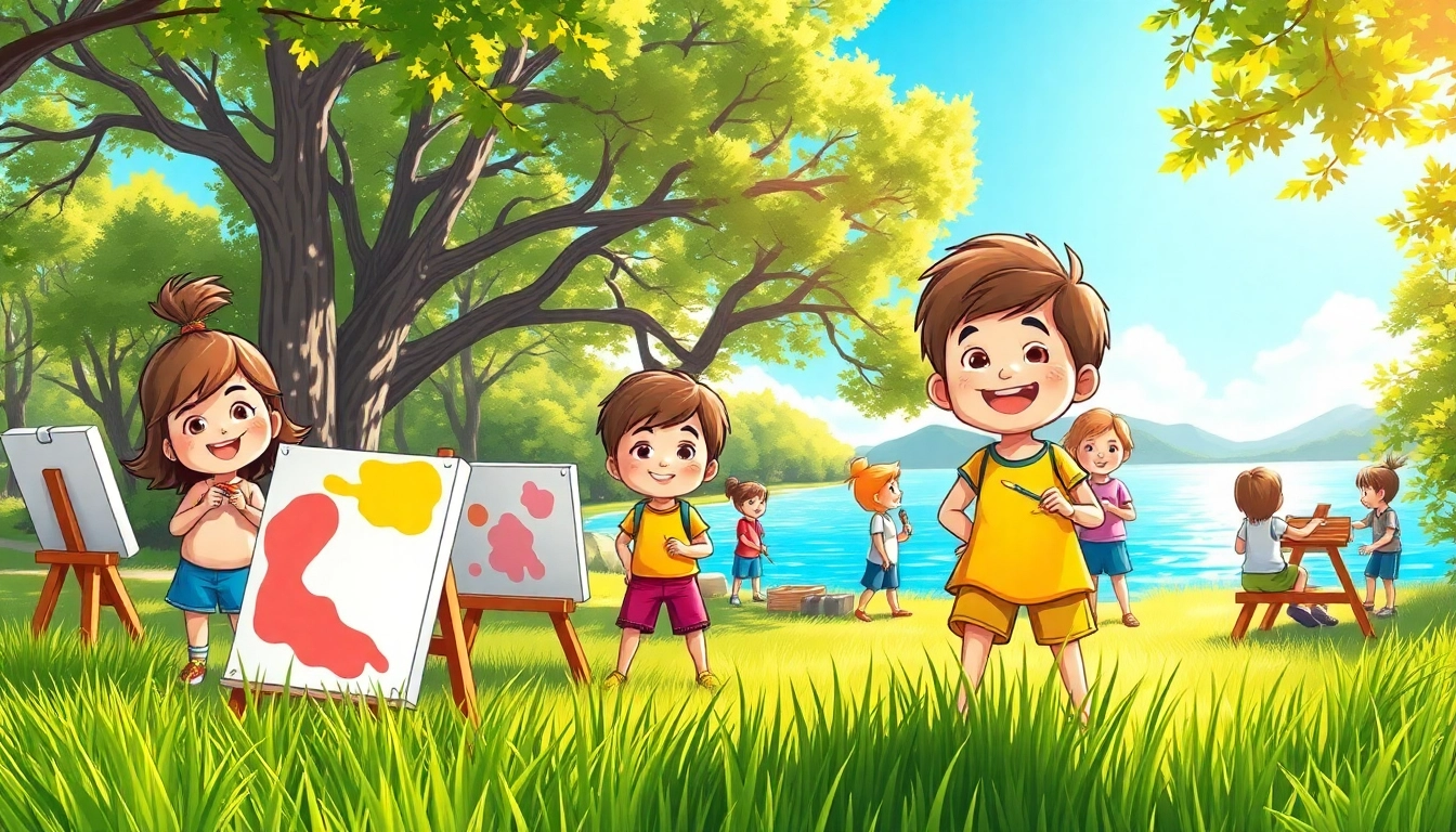 Children having fun at a summer childrens camp with creative activities and nature surrounding them.
