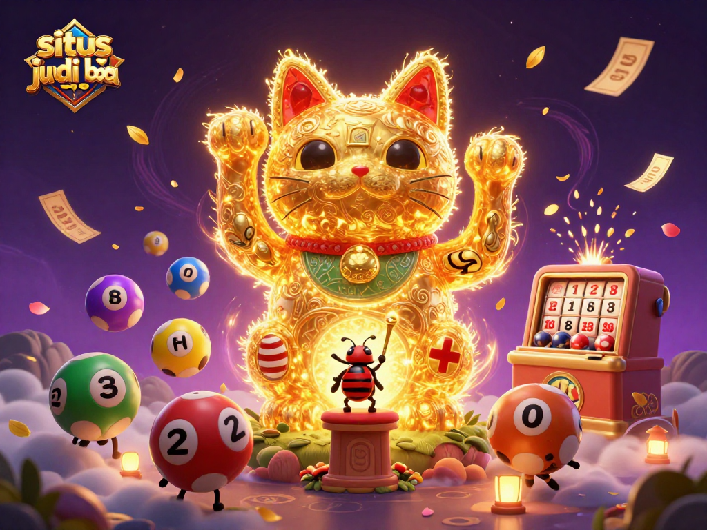 Win at situs judi bola with a vibrant 3D golden lucky cat image filled with casino elements.