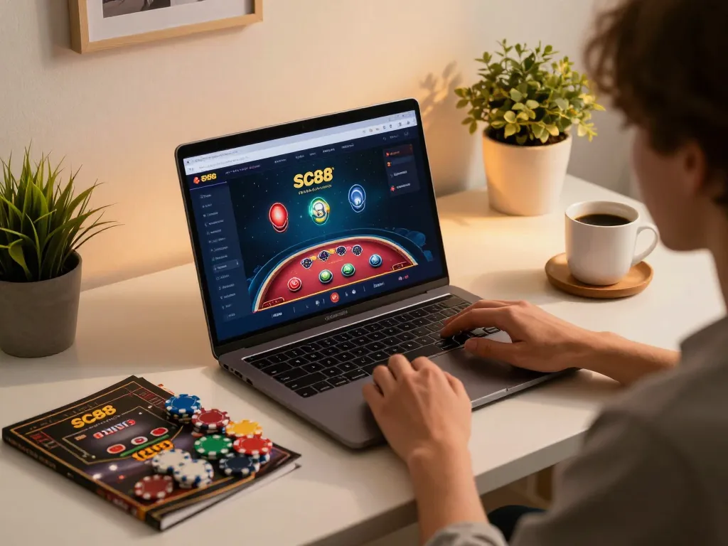 Engaged player using SC88 for online gambling with casino interface displayed, showcasing responsible gaming.