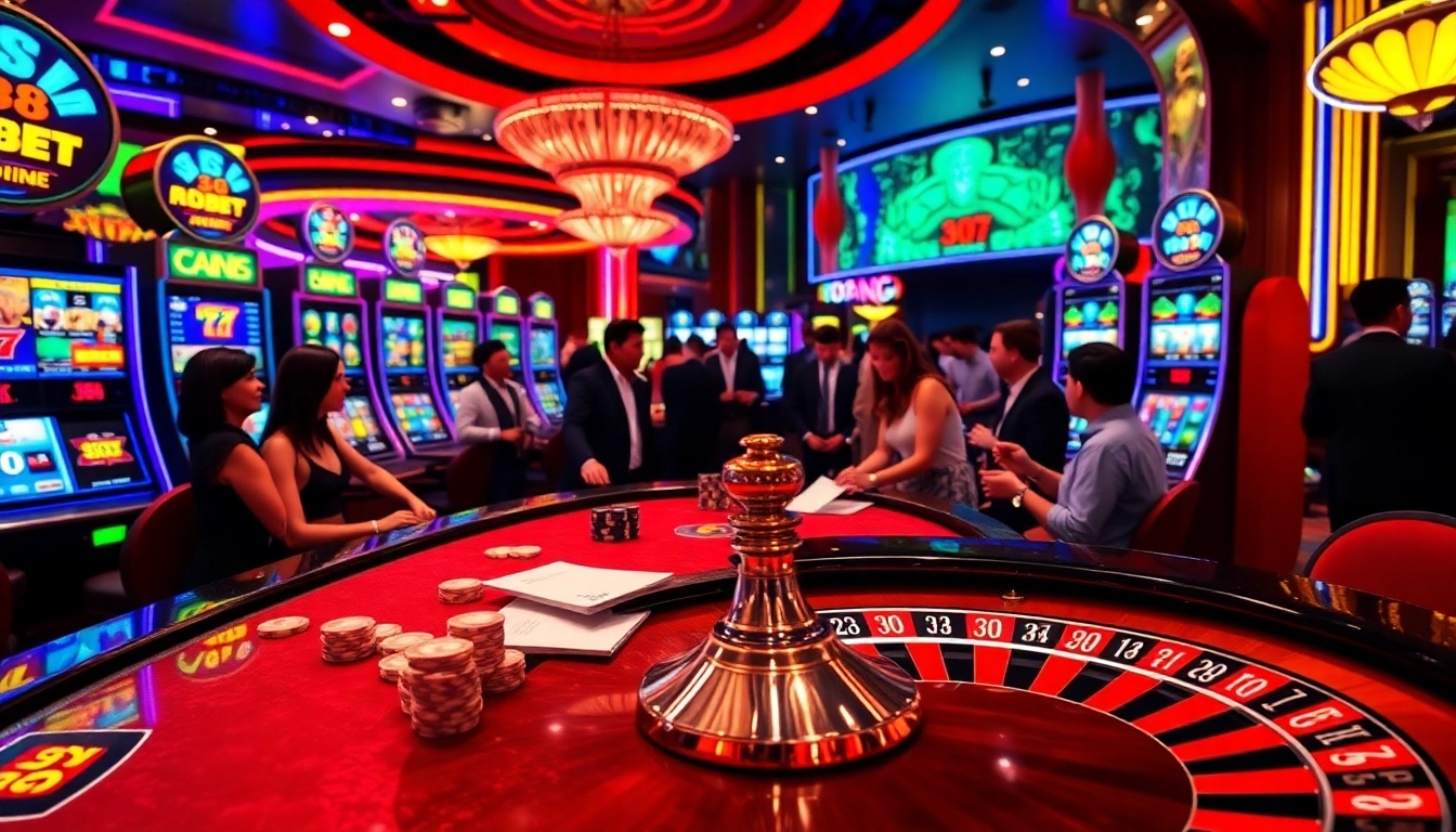 Experiencing the excitement of the s8 bet at a luxurious casino table with vibrant slot machines.