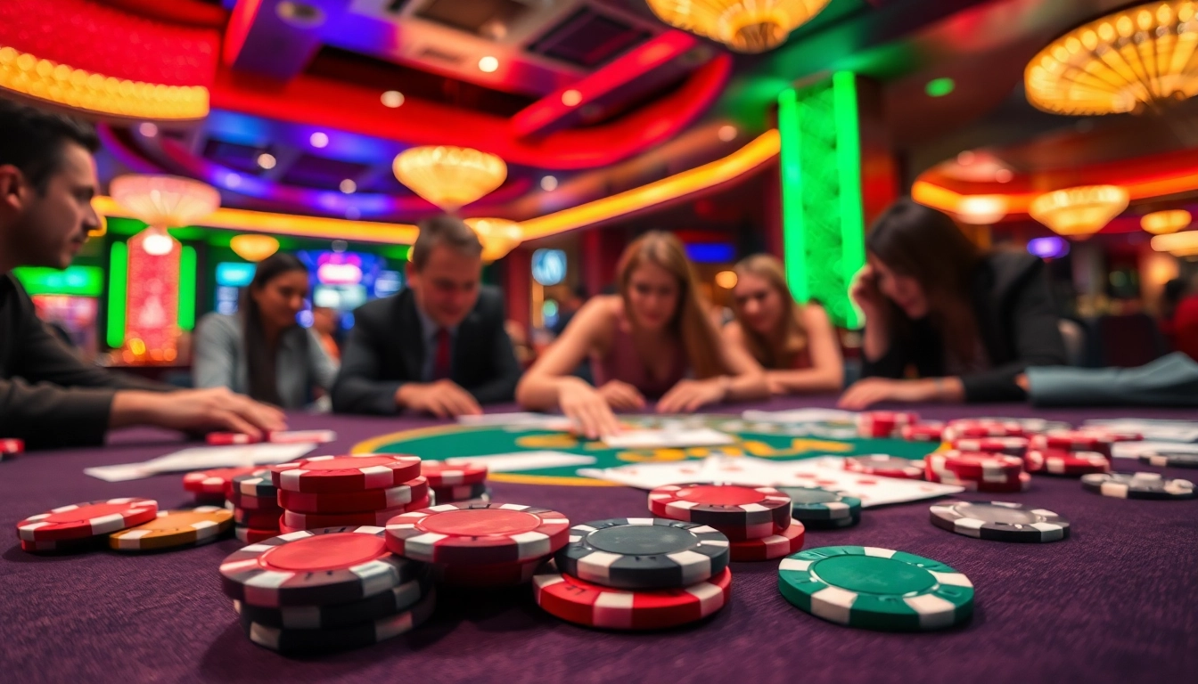 Experience the thrilling atmosphere of the 8win casino poker game with vibrant lights and eager players.