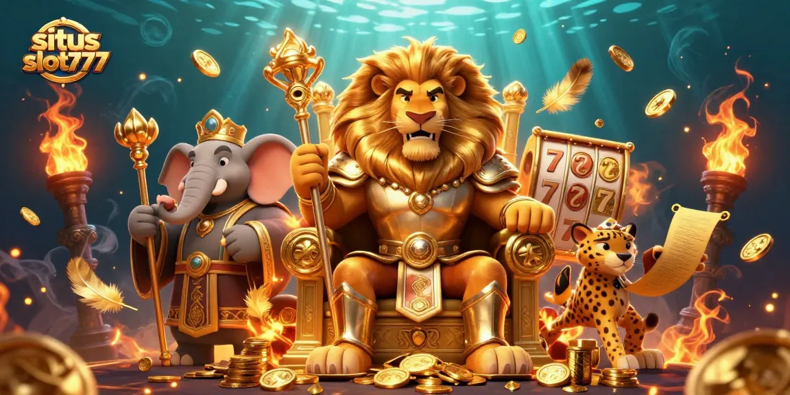 Permainan judi di situs slot777 dengan slot bertema raja singa dan simbol keberuntungan.