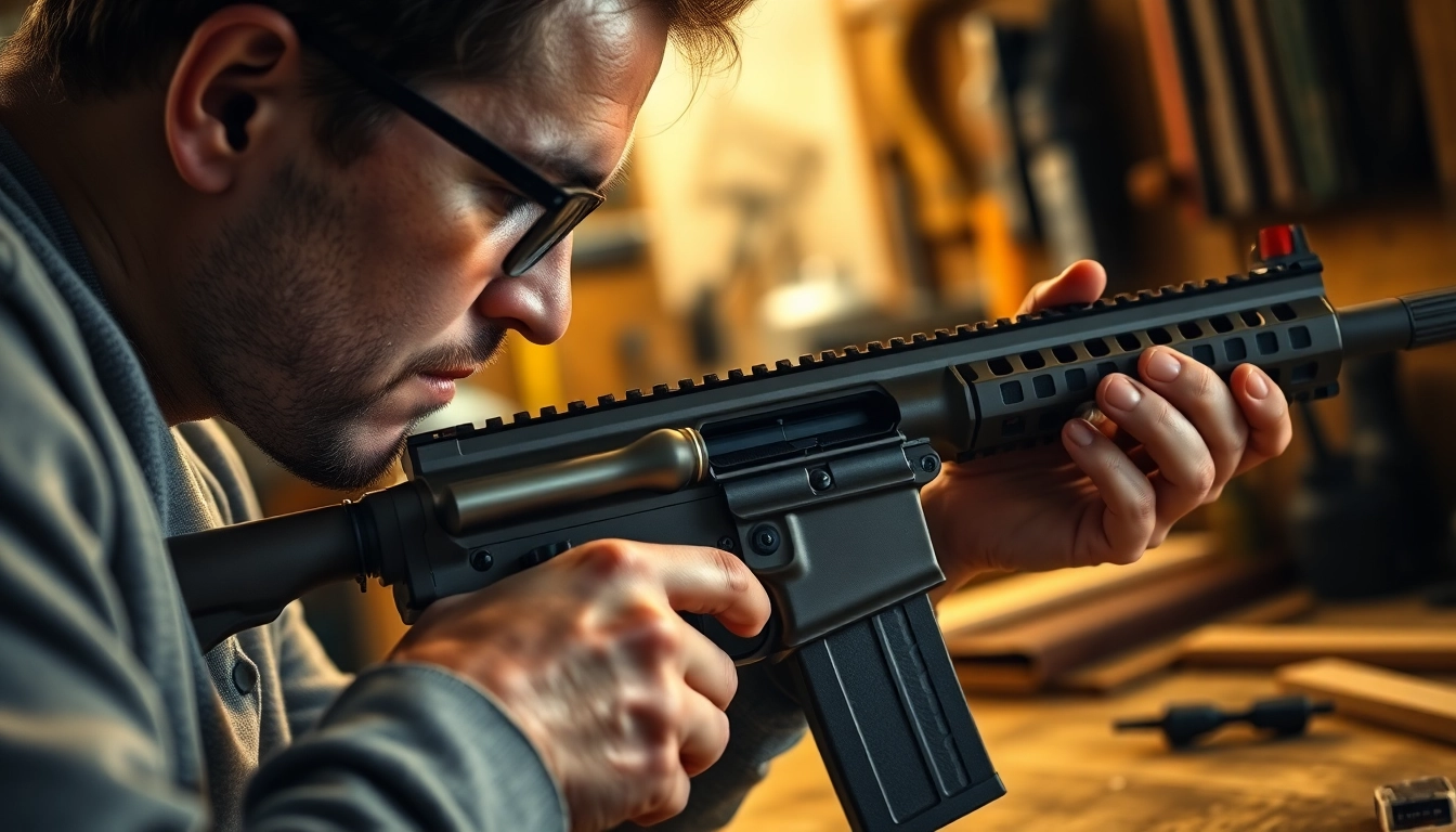 Installing an AR 15 binary trigger with precision and focus in a well-equipped workshop.