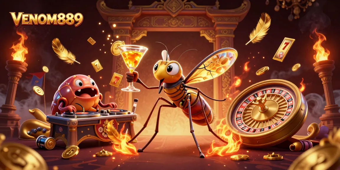 Engage in thrilling gameplay with VENOM889, showcasing a lively casino scene featuring immersive slot and roulette elements.