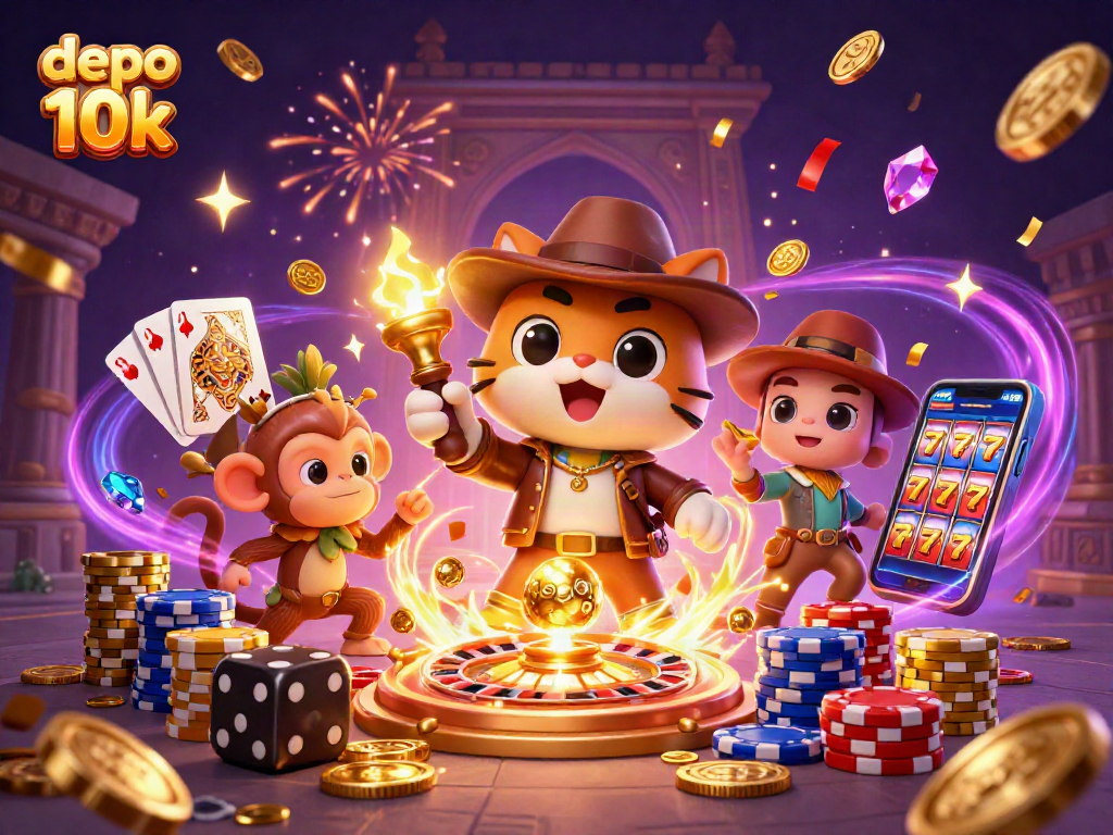 Spin to win at depo 10k with lucky sevens and an epic casino adventure illustration.