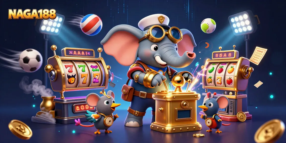 NAGA188 menampilkan ilustrasi kasino 3D dengan gajah steampunk dan elemen mesin slot dalam aksi taruhan.