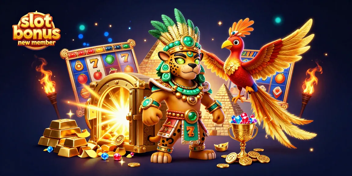 Engage with the slot bonus new member featuring a vibrant 3D casino scene filled with treasures.