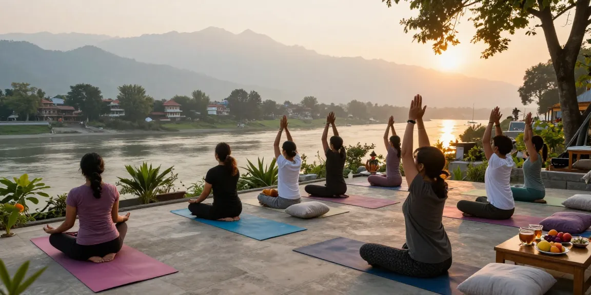 Group practicing yoga on a riverside deck during Yoga teacher training in Rishikesh India, surrounded by the Ganges and Himalayas.