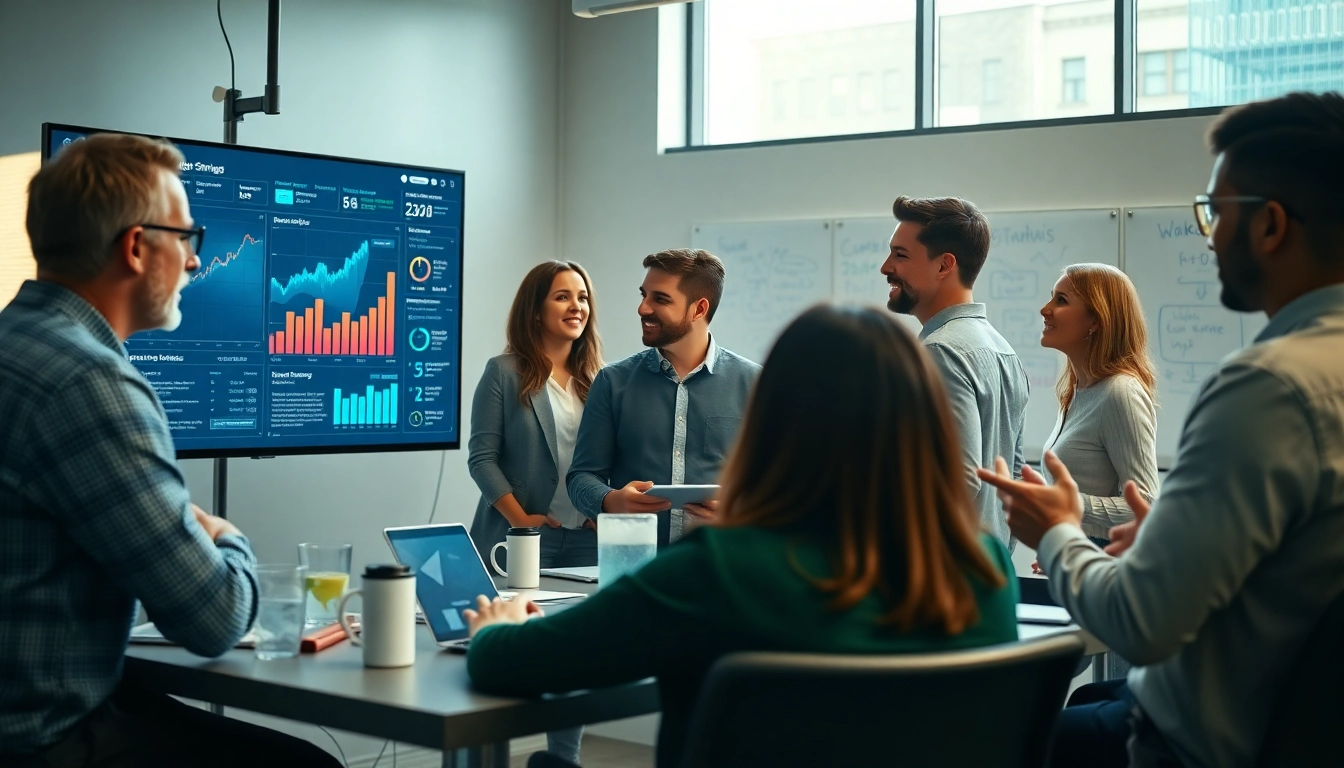 A vibrant digital marketing company team collaborating on strategies in a modern office