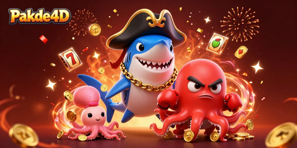 Experience the excitement of Pakde4D with a vibrant 3D illustration of a pirate shark and friends amidst slot reels and gold confetti.