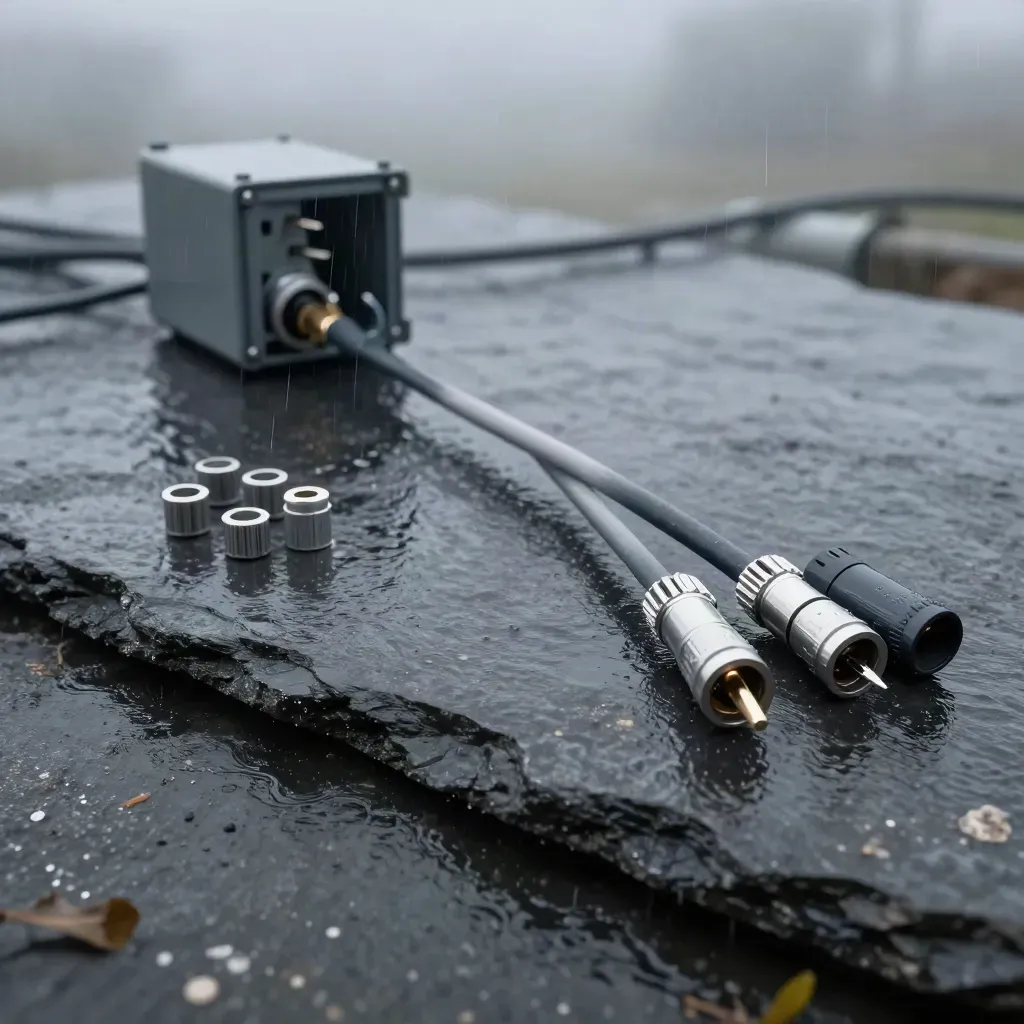 Fiber optic cable on wet slate with ferrules, sleeve, mist and silver rim light