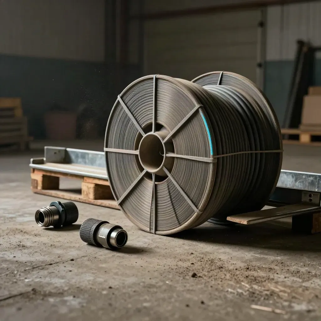 Cable reels, tray, coupler and connector sleeve in a dramatic concrete loading bay.
