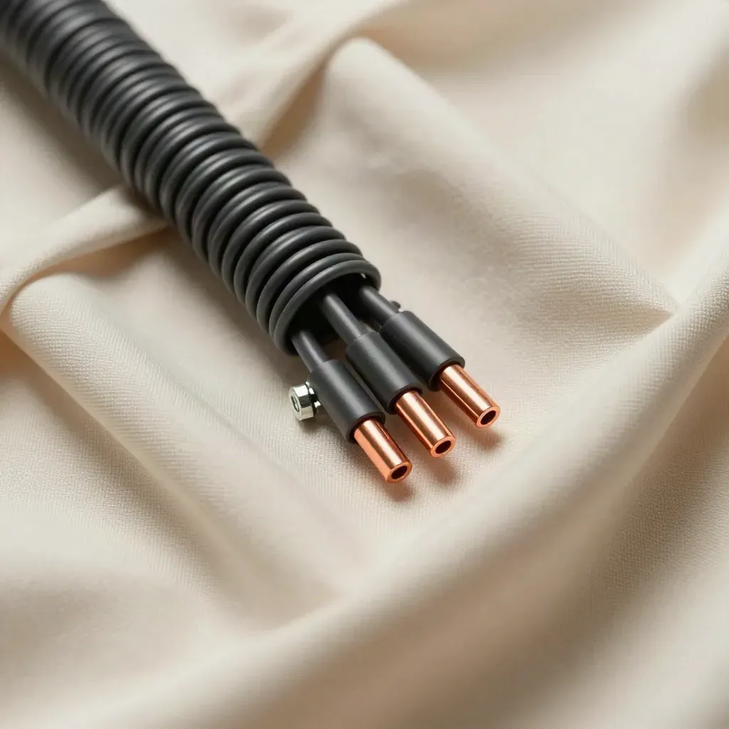 Cream fabric flatlay with a control wire coil, copper ends, sleeves, and wire nuts