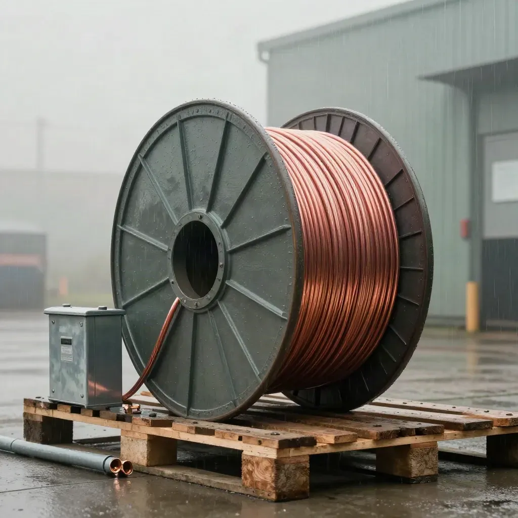 Copper cable reel with junction box, lugs and conduit on a damp concrete floor.