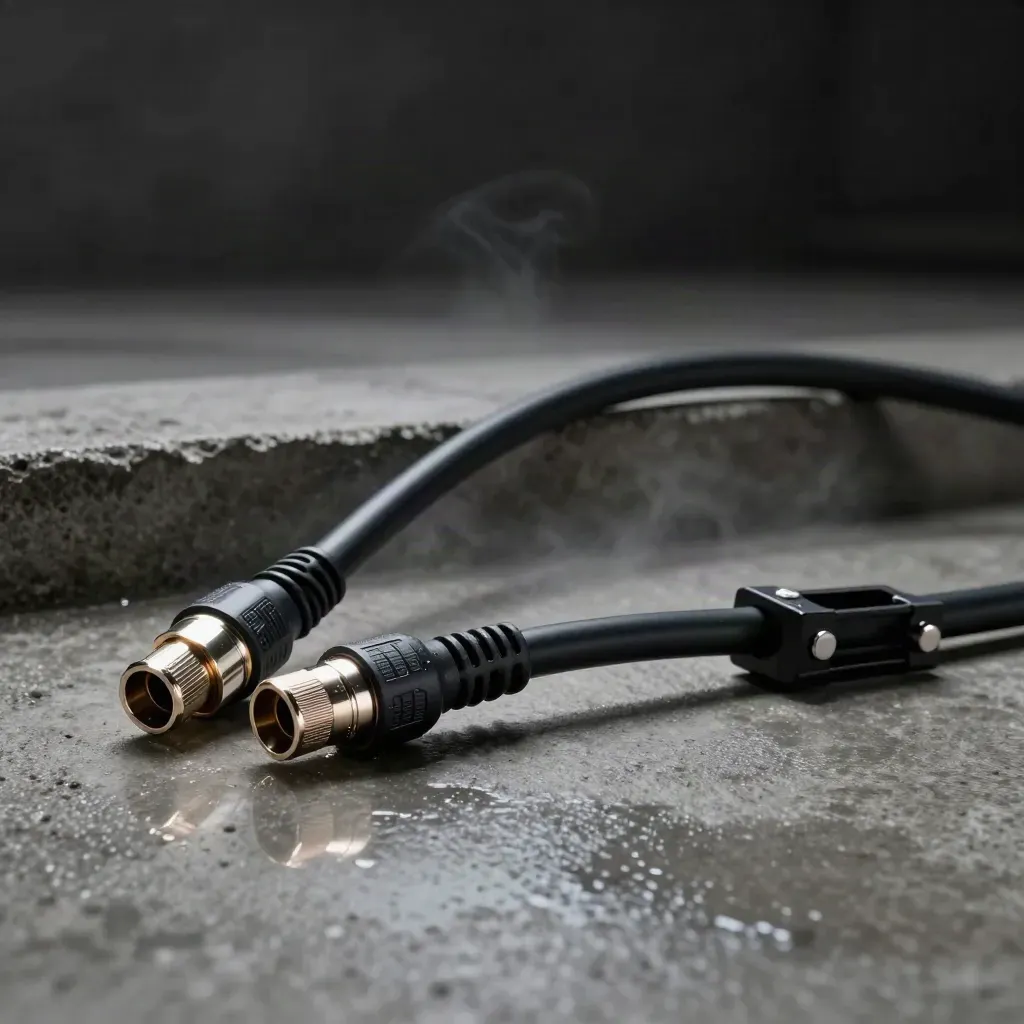 Black RG6 coax loop with F-connectors, splitter and clamp on damp concrete in cool studio light