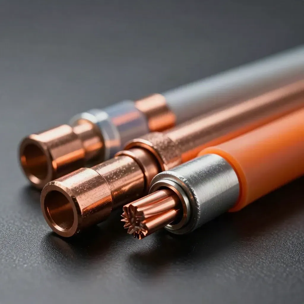 Copper cable lugs and ring terminals in extreme macro on brushed aluminum, safety-orange accent