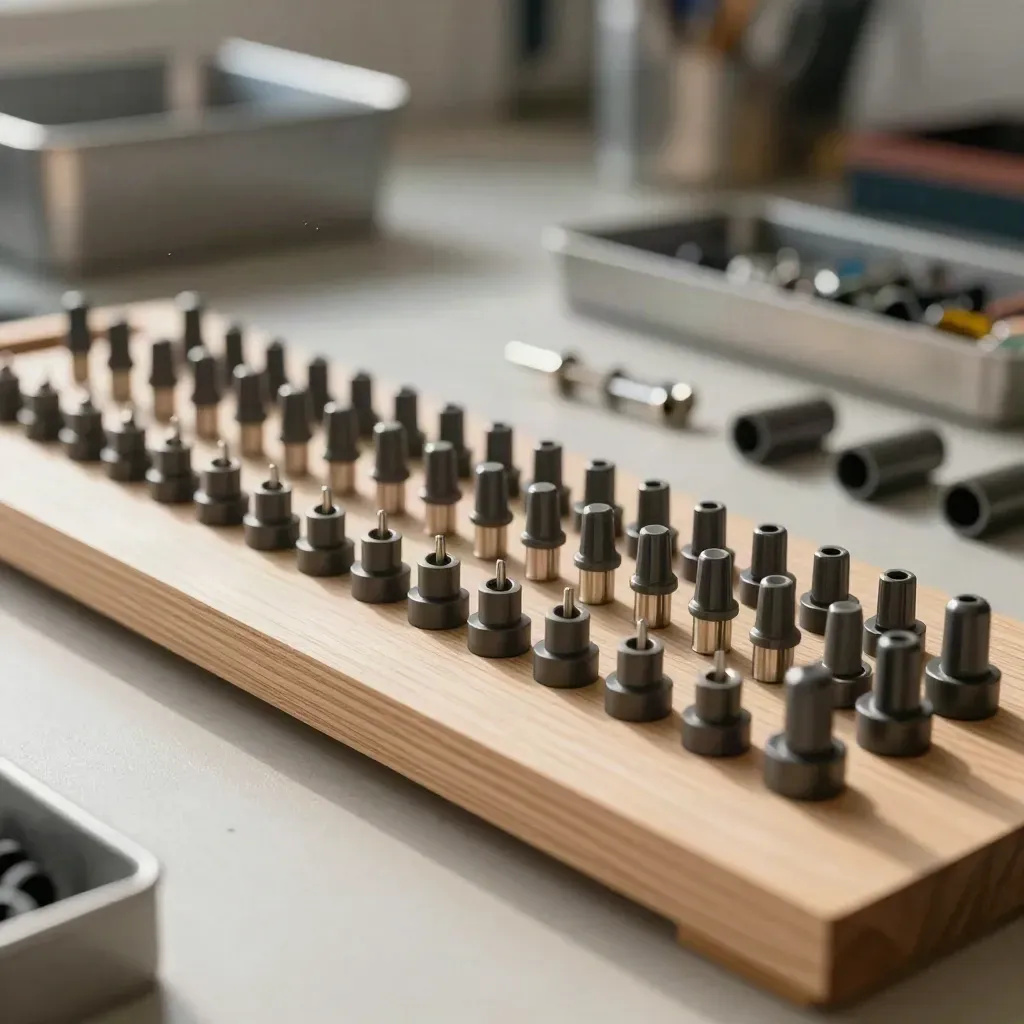 Panel connector kit arranged on a pale oak board in a softly lit workshop.