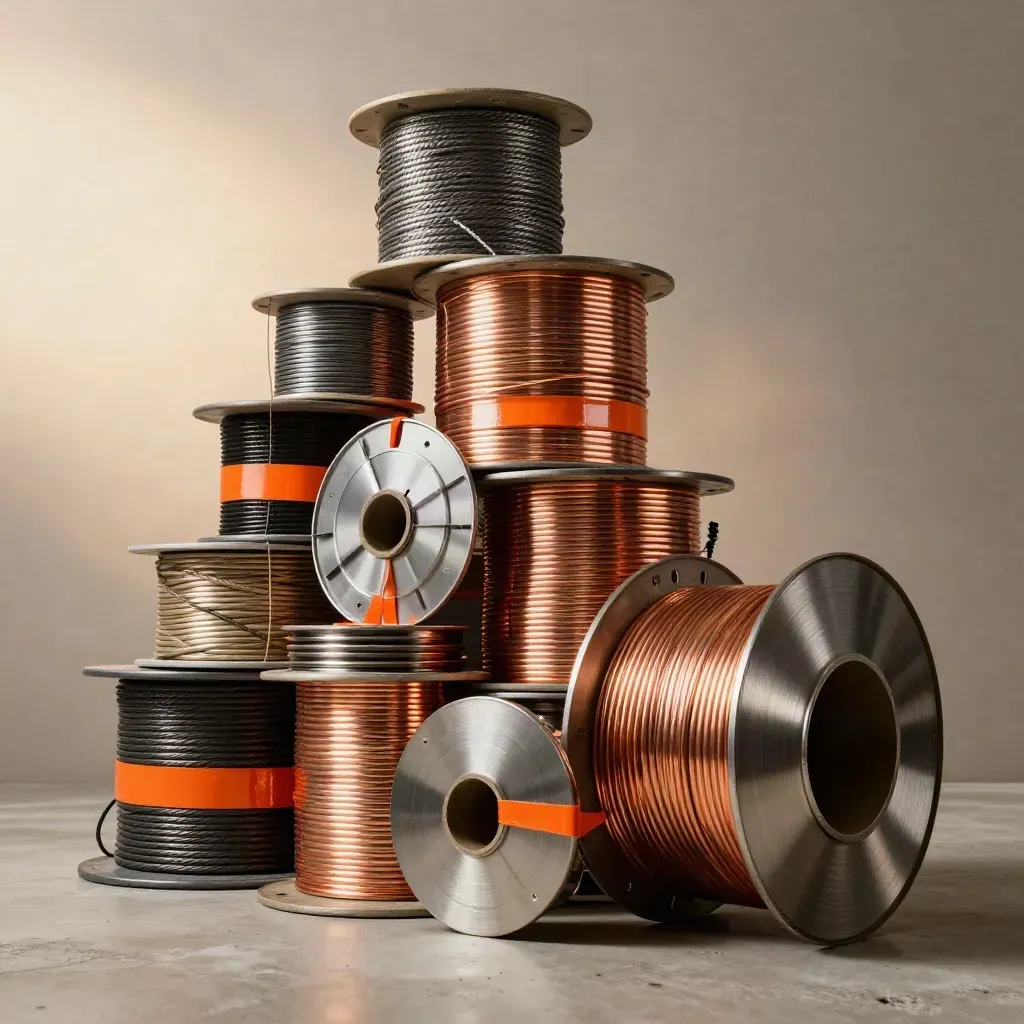 A towering stack of cable reels, copper spools, and connector packs in industrial haze.