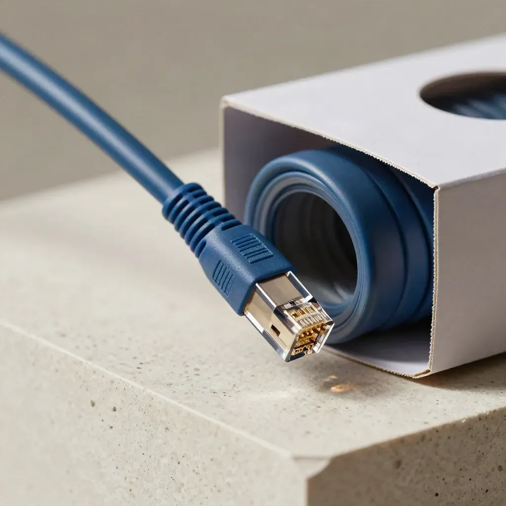 Macro of a Cat5e Ethernet cable coil emerging from a box on pale plaster, blue ends and soft studio light.