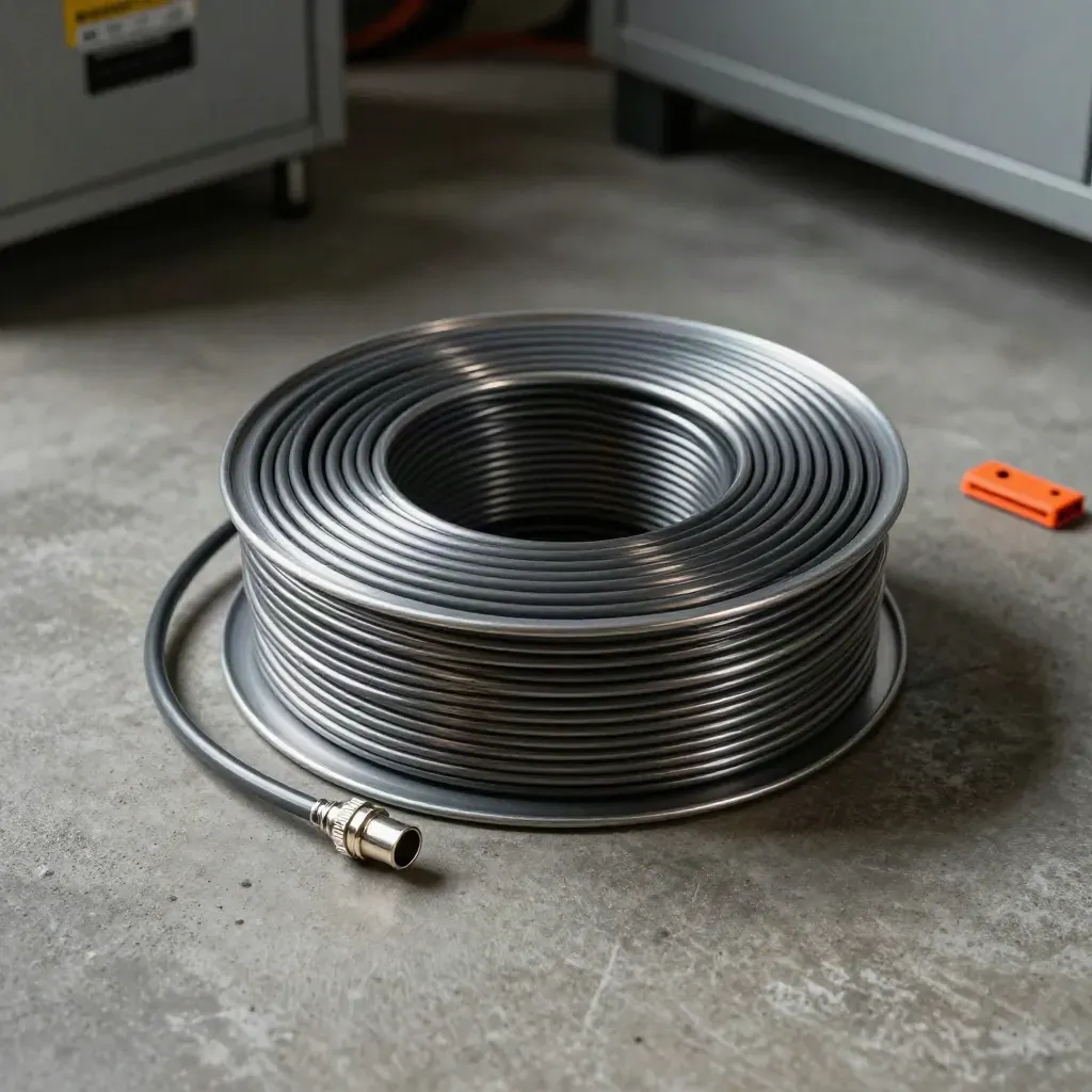 Overhead flatlay of an RG59 CCTV coax reel with BNC connectors on concrete.