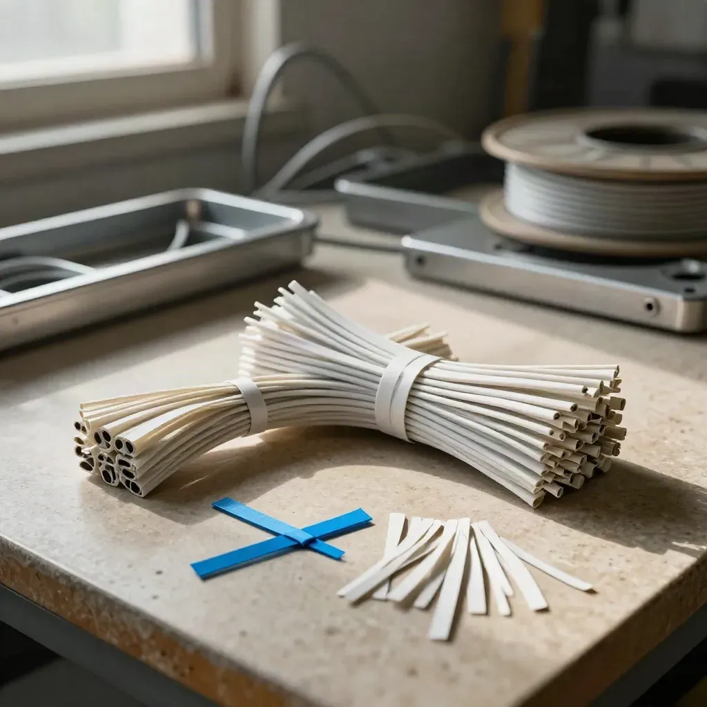 Cable ties fanned on a limestone workbench, bundle cinched with an electric-blue tie, workshop haze behind.