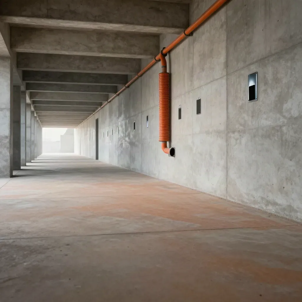 Sunlit concrete corridor with an orange conduit coil and cable access panels in the distance.