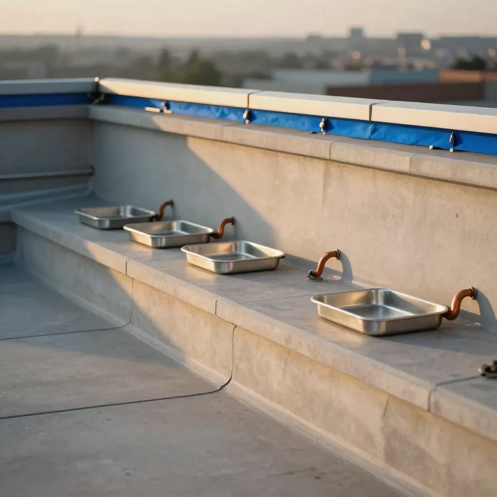 Golden rooftop service deck with connector trays and soft city haze