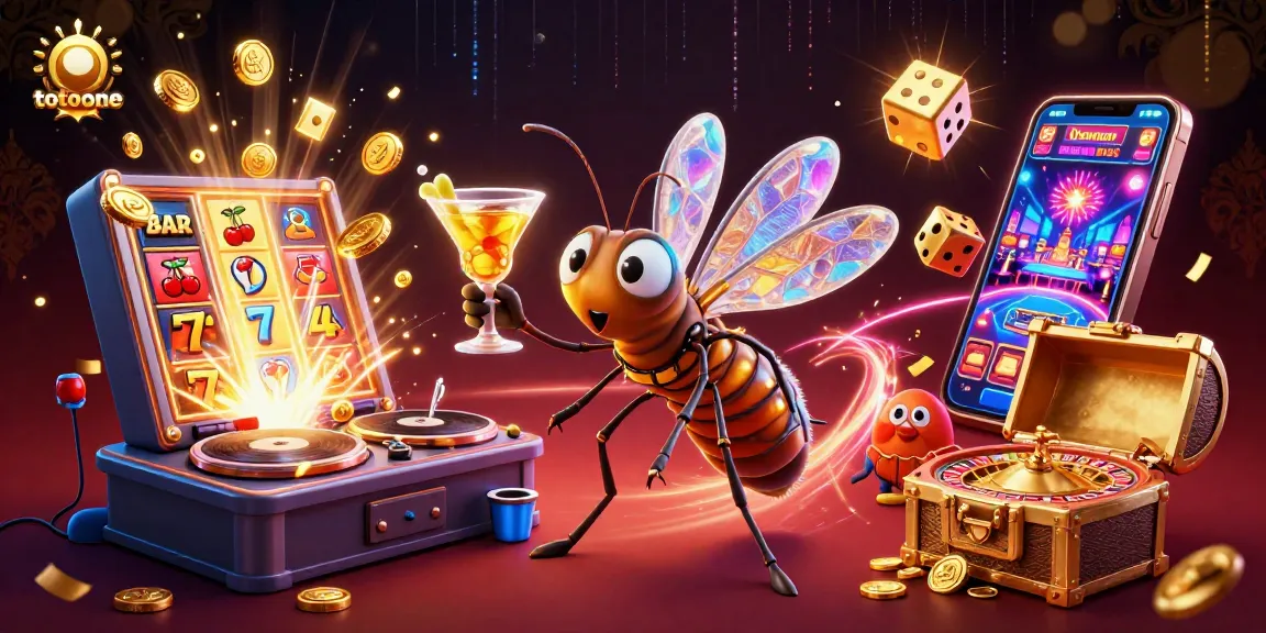 Permainan slot jackpot bersinar di totoone dengan simbol keberuntungan dan maskot kasino berkedip.