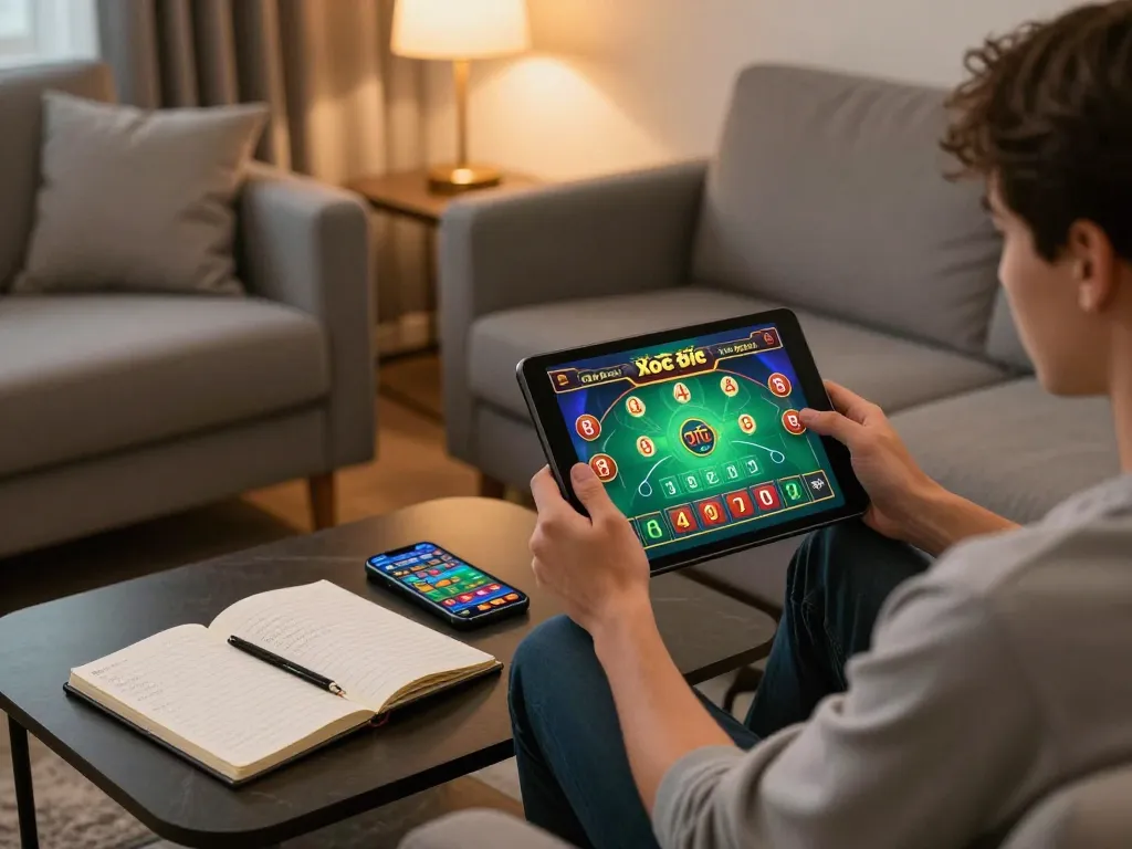 Xóc Đĩa gaming session on tablet in a cozy home environment, showcasing player engagement.