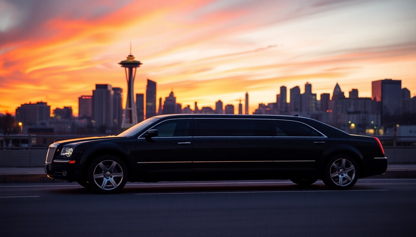 Experience a luxurious seattle to vancouver limo ride showcasing a sleek black limousine against Seattle's skyline.