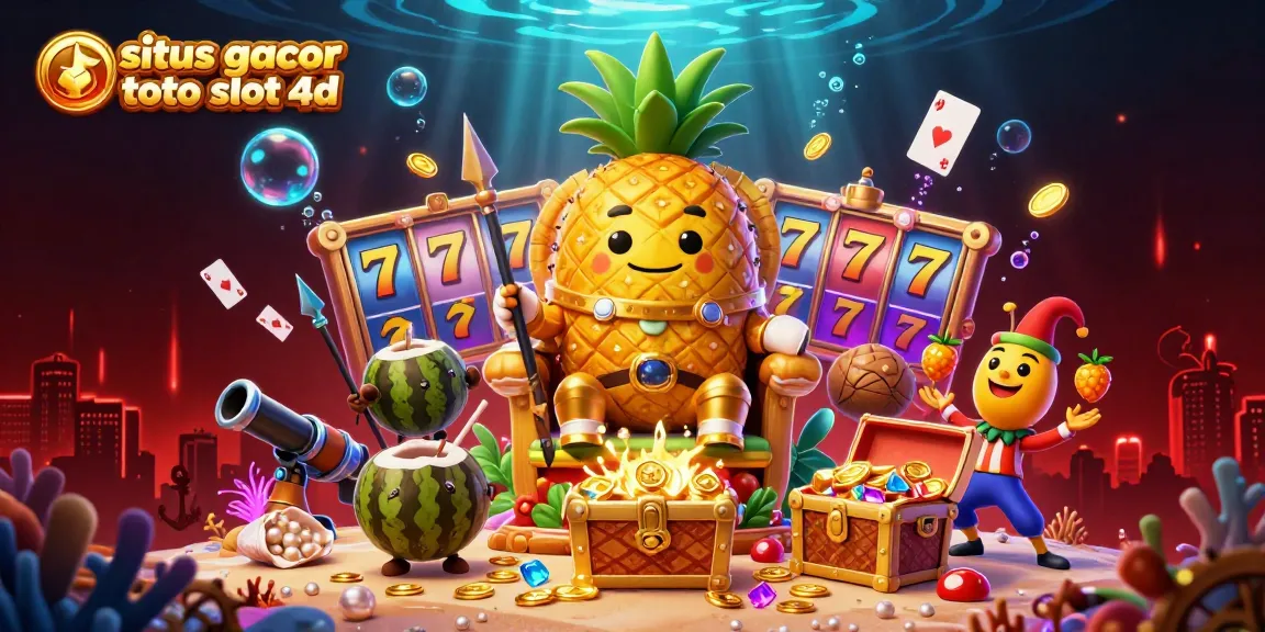 Spin the reels at situs gacor toto slot 4d and discover riches in a vibrant casino scene featuring a tropical king and playful characters.