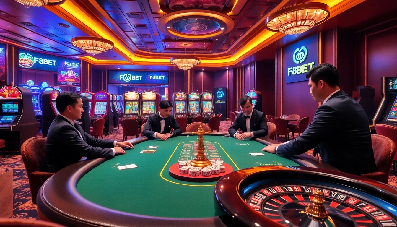 Exciting gaming action at Nhà cái F8BET's luxurious casino environment featuring poker and slot machines.