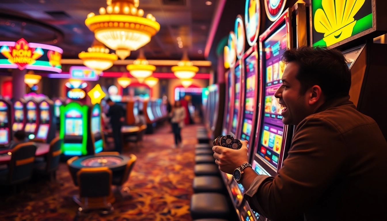 Player enjoying a Slot machine, surrounded by vibrant casino lights and excitement.