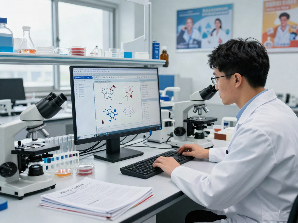 MOTS-C research in a lab with scientists analyzing peptide data for glucose metabolism.