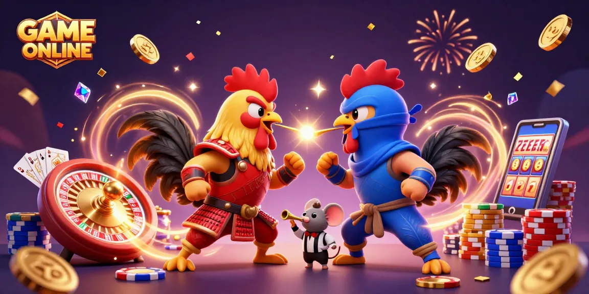 Immerse in the GAME ONLINE world with dynamic fighting roosters and vibrant casino elements!