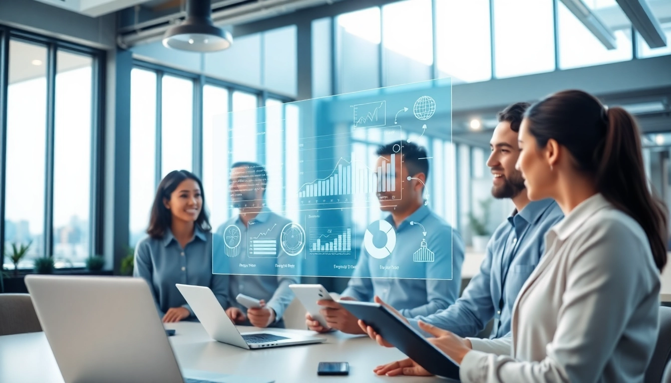 Engage with ai enterprise search through a modern interface showcasing collaboration and data analysis.